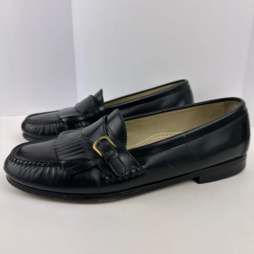 Vintage Cole Haan Mens Black Leather Kiltie Loafers Buckle Dress Shoes Size 12 D